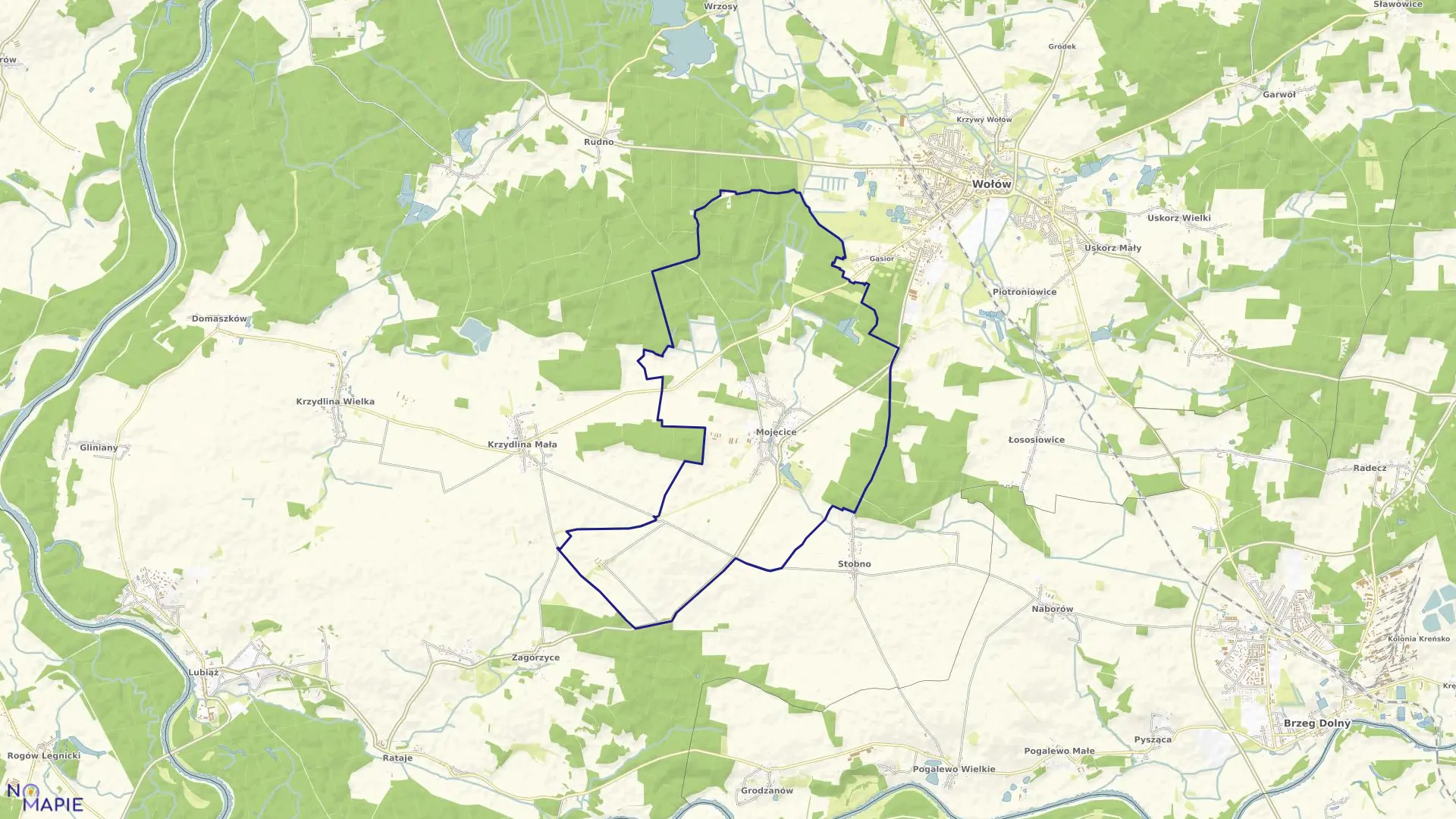 Mapa obrębu Mojęcice w gminie Wołów