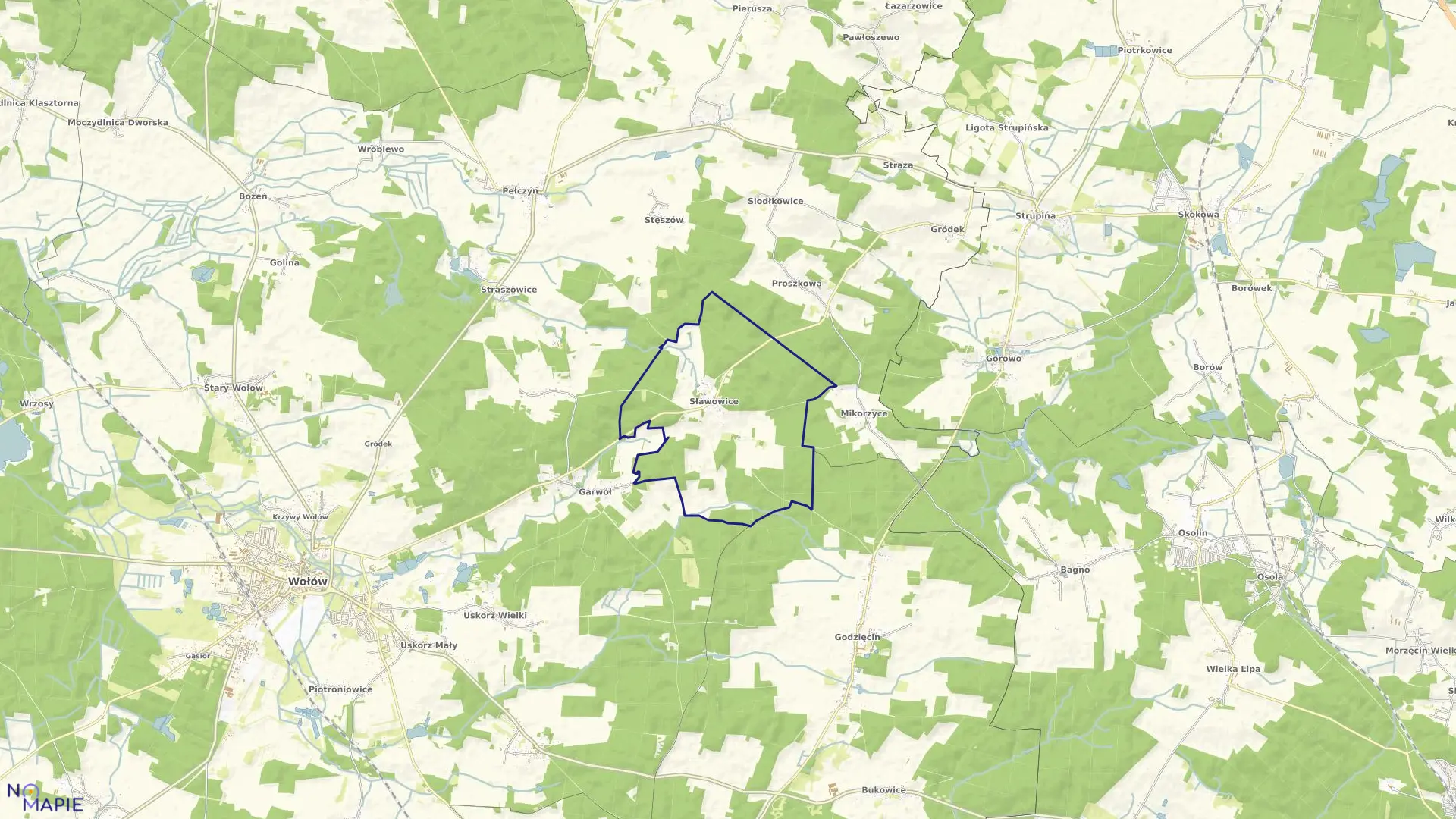 Mapa obrębu Sławowice w gminie Wołów