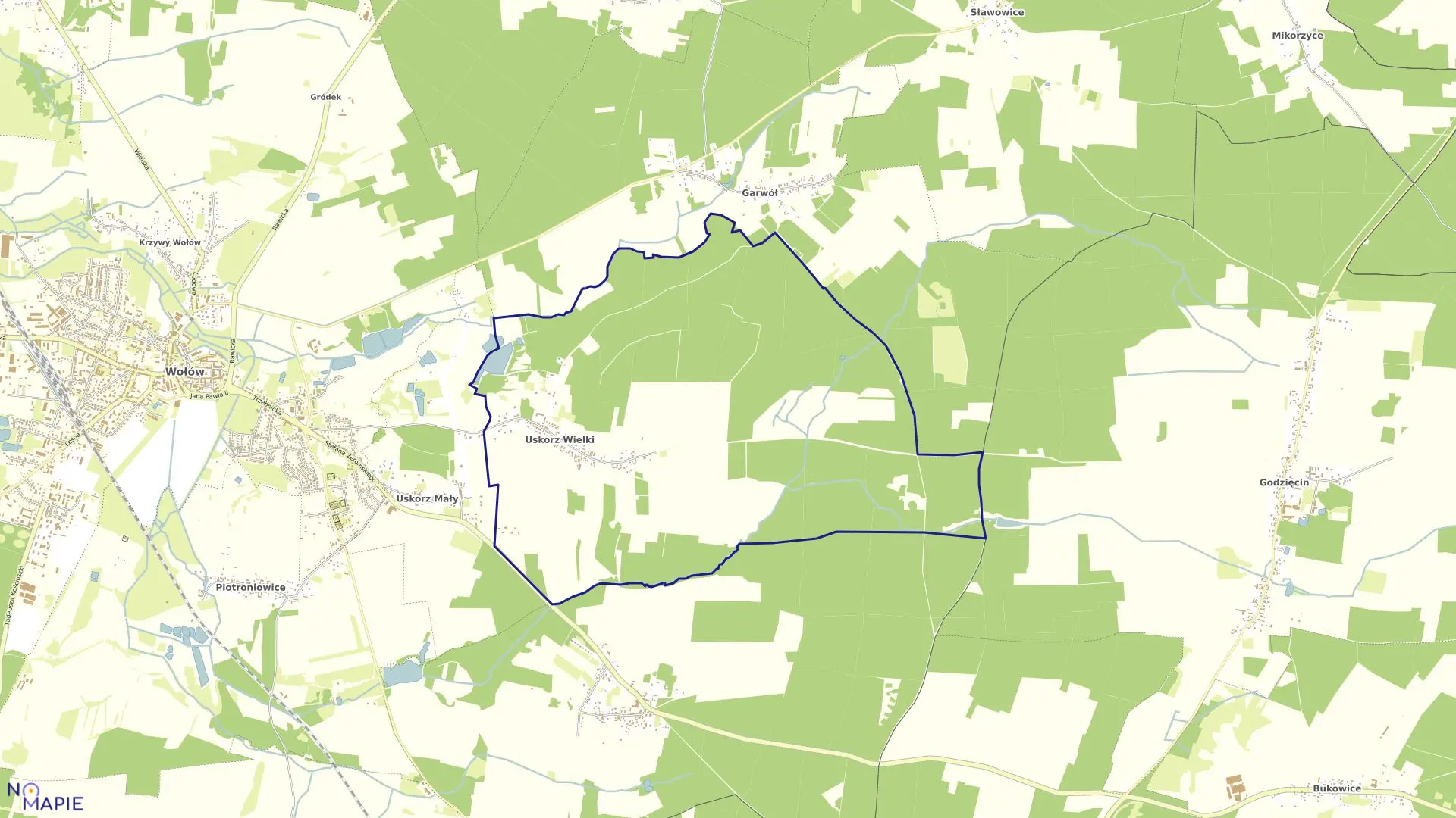 Mapa obrębu Uskorz Wielki w gminie Wołów